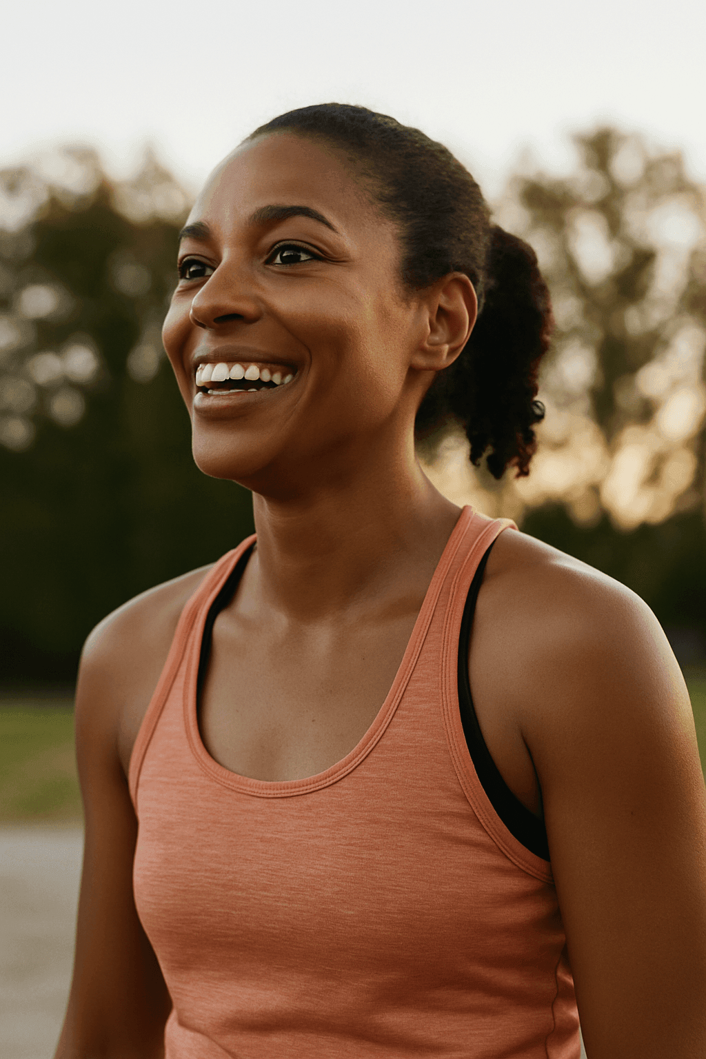 Woman smiles in satisfaction for achieving a goal